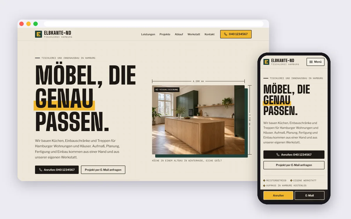 Demo-Website Tischlerei Elbkante-ND, Desktop und Handy