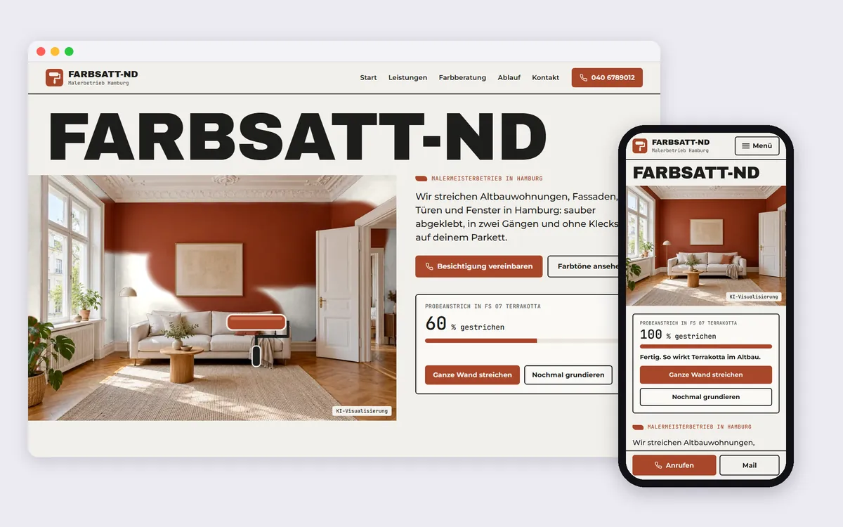 Demo-Website Farbsatt-ND Malerbetrieb: Wand zur Hälfte terrakotta gestrichen, daneben das Handy