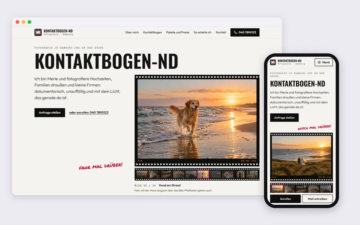 Demo-Website Kontaktbogen-ND Fotografie: Daumenkino im Filmrahmen, daneben das Handy