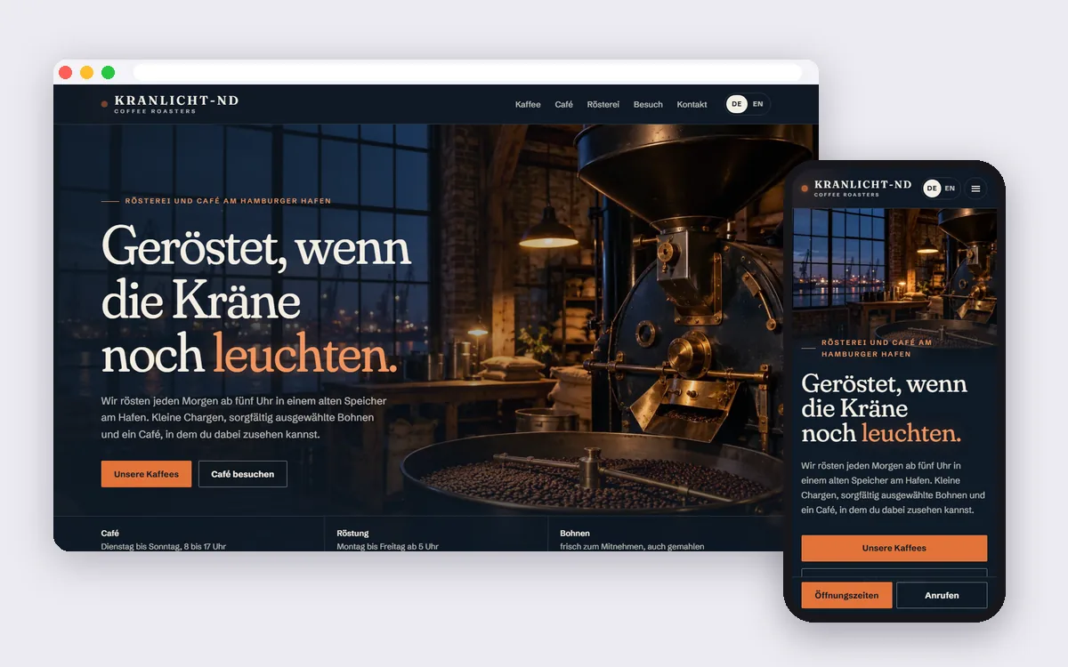 Demo-Website Kranlicht-ND Coffee Roasters, Desktop und Handy