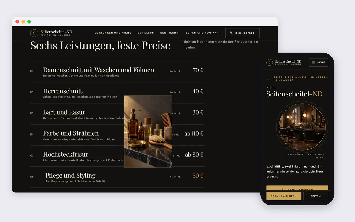 Demo-Website Salon Seitenscheitel-ND: Preisliste mit Foto am Mauszeiger, daneben das Handy mit rundem Spiegel
