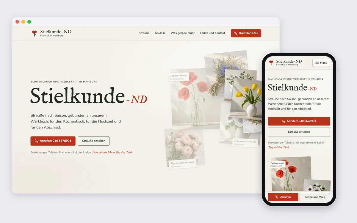 Demo-Website Stielkunde-ND Floristik: Blütenspur im Kopfbereich, daneben das Handy
