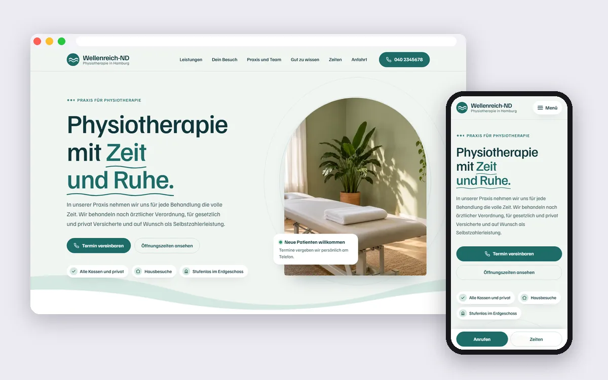Demo-Website Physio Wellenreich-ND, Desktop und Handy