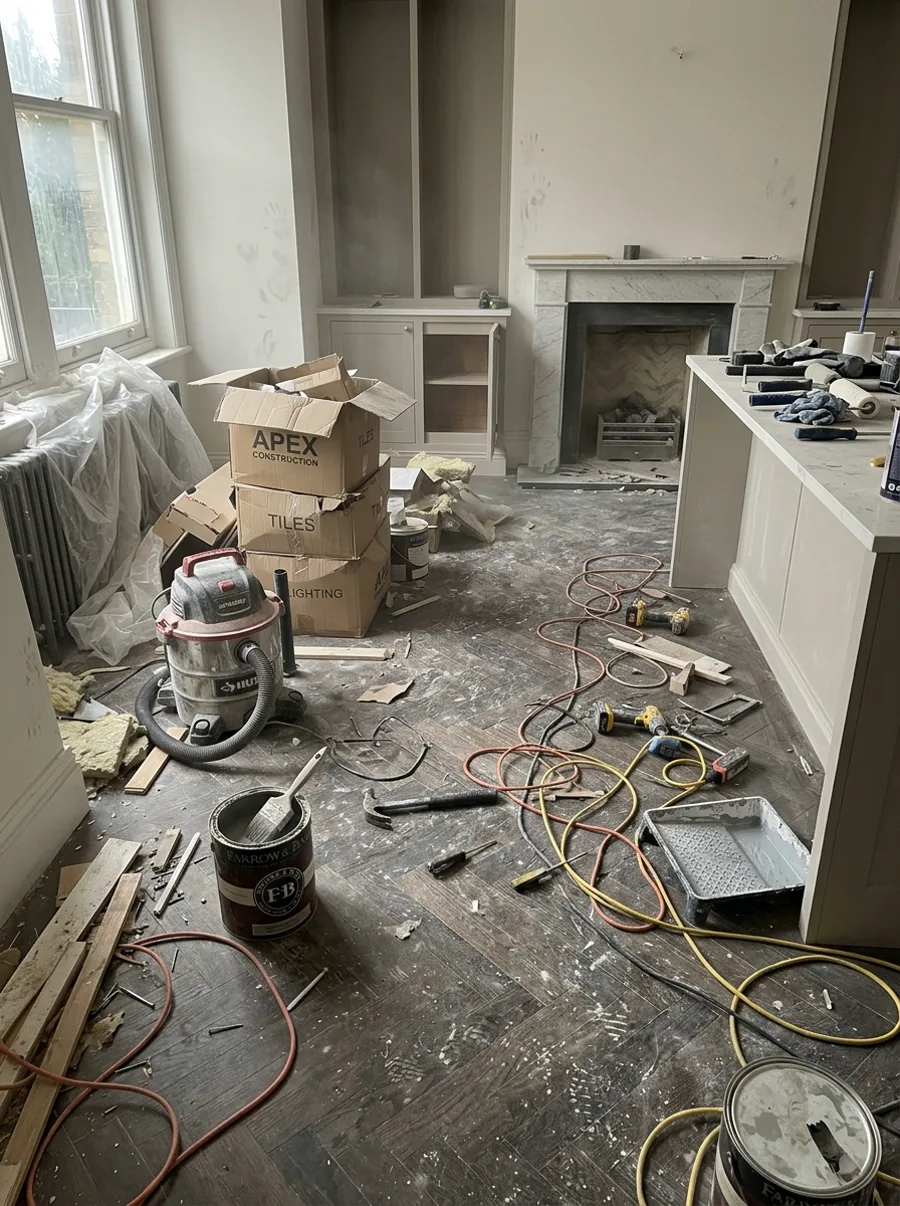 Raum als Baustelle mit Werkzeug, Staub und unfertigem Boden
