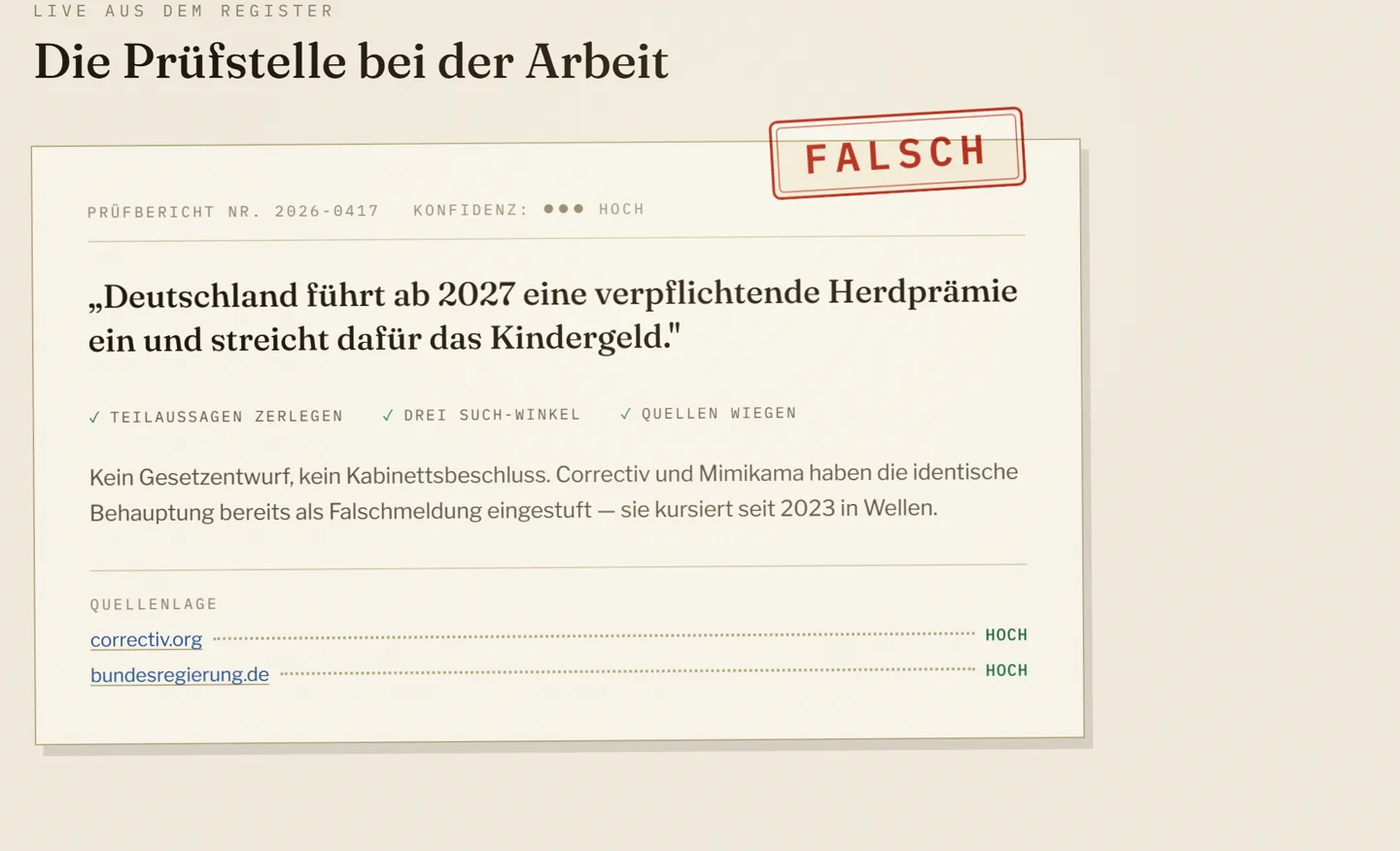 FactCheck-Prüfbericht mit rotem FALSCH-Stempel und gewichteten Quellen