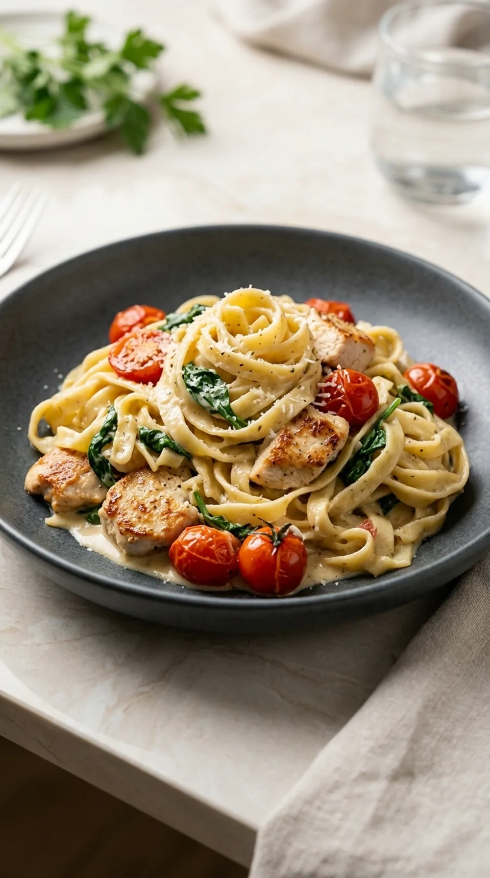 Dasselbe Pasta-Gericht nach KI-Gourmet-Foodstyling, professionell angerichtet