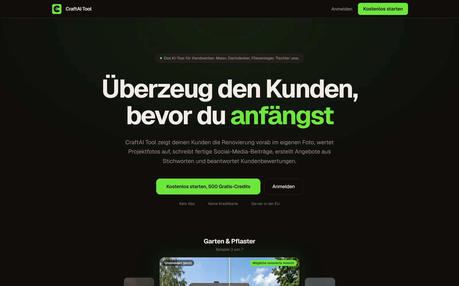 CraftAI Tool, live Screenshot der Startseite