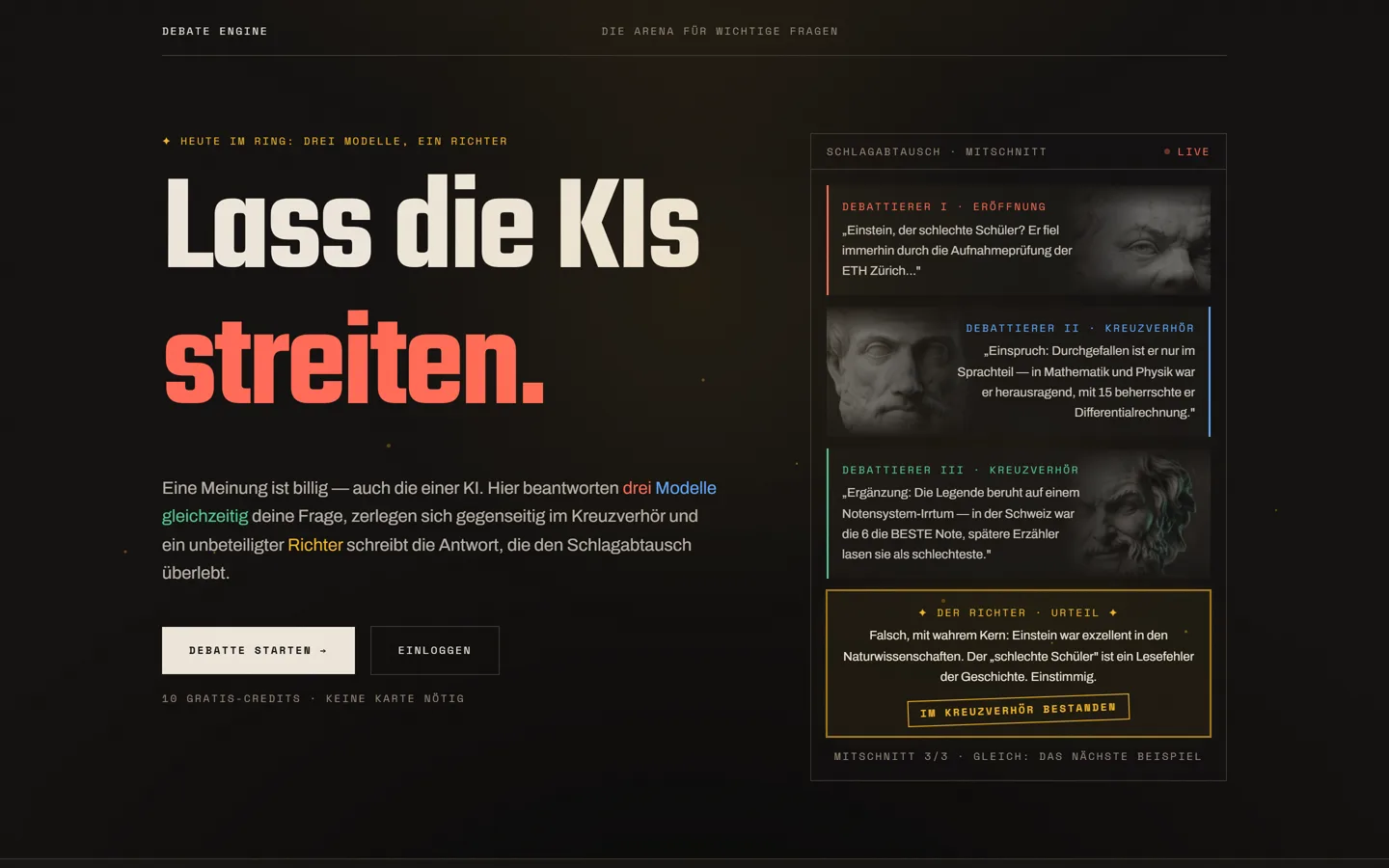 Debate Engine, drei KI-Modelle debattieren, ein Richter urteilt, Startseite