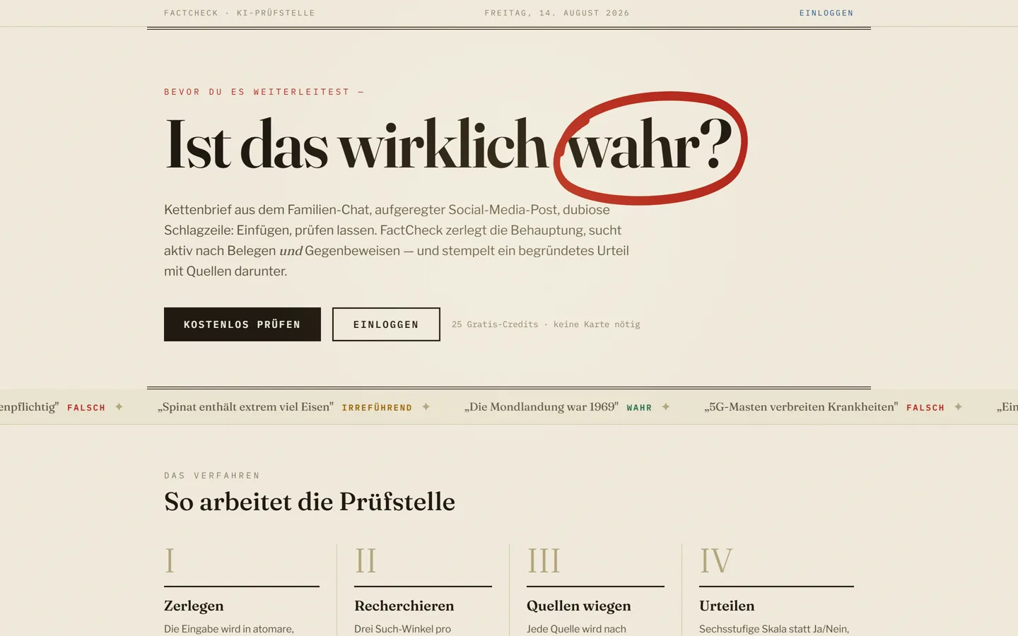 FactCheck, KI-Prüfstelle für Behauptungen, Startseite