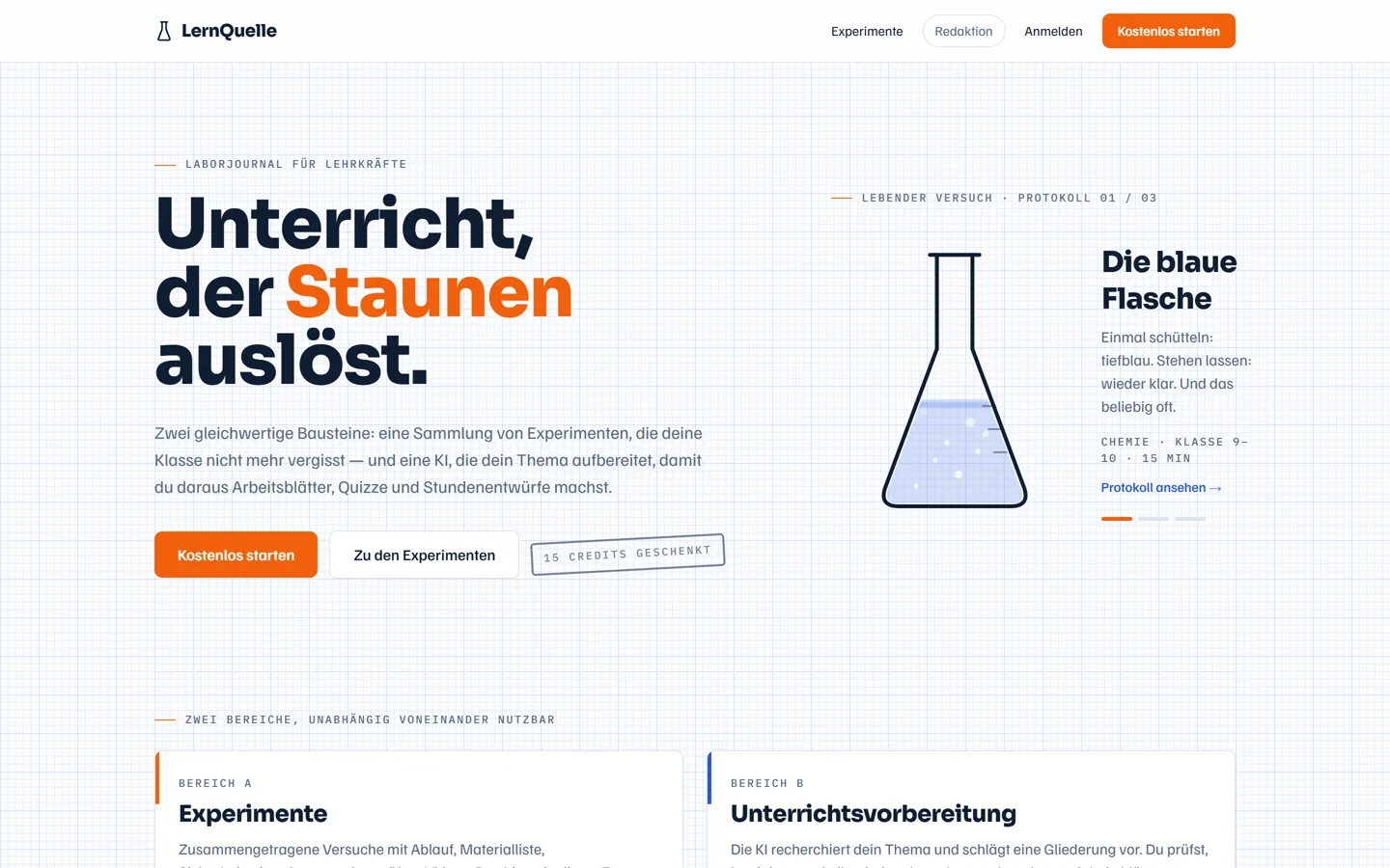 LernQuelle, KI-Unterrichtsvorbereitung für Lehrkräfte, Startseite