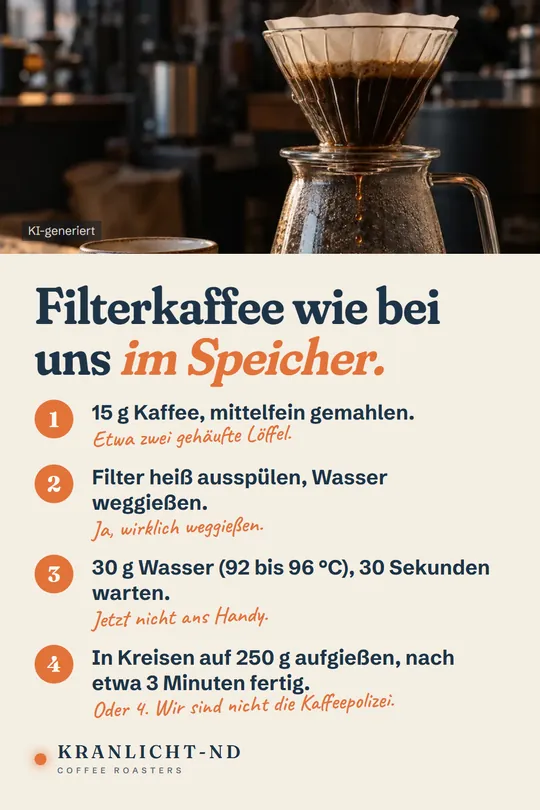 Pinterest-Pin: Filterkaffee wie bei uns im Speicher, vier Schritte