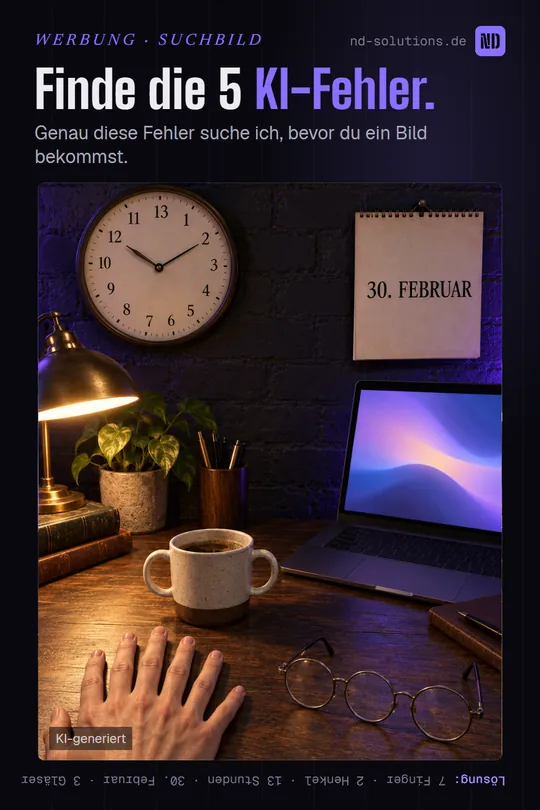 Pinterest-Pin: Finde die 5 KI-Fehler, Suchbild mit Lösung kopfüber