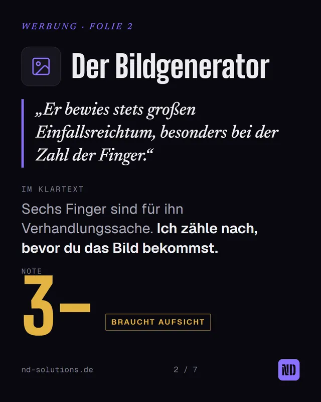Folie 2: Der Bildgenerator, Note 3 minus, braucht Aufsicht