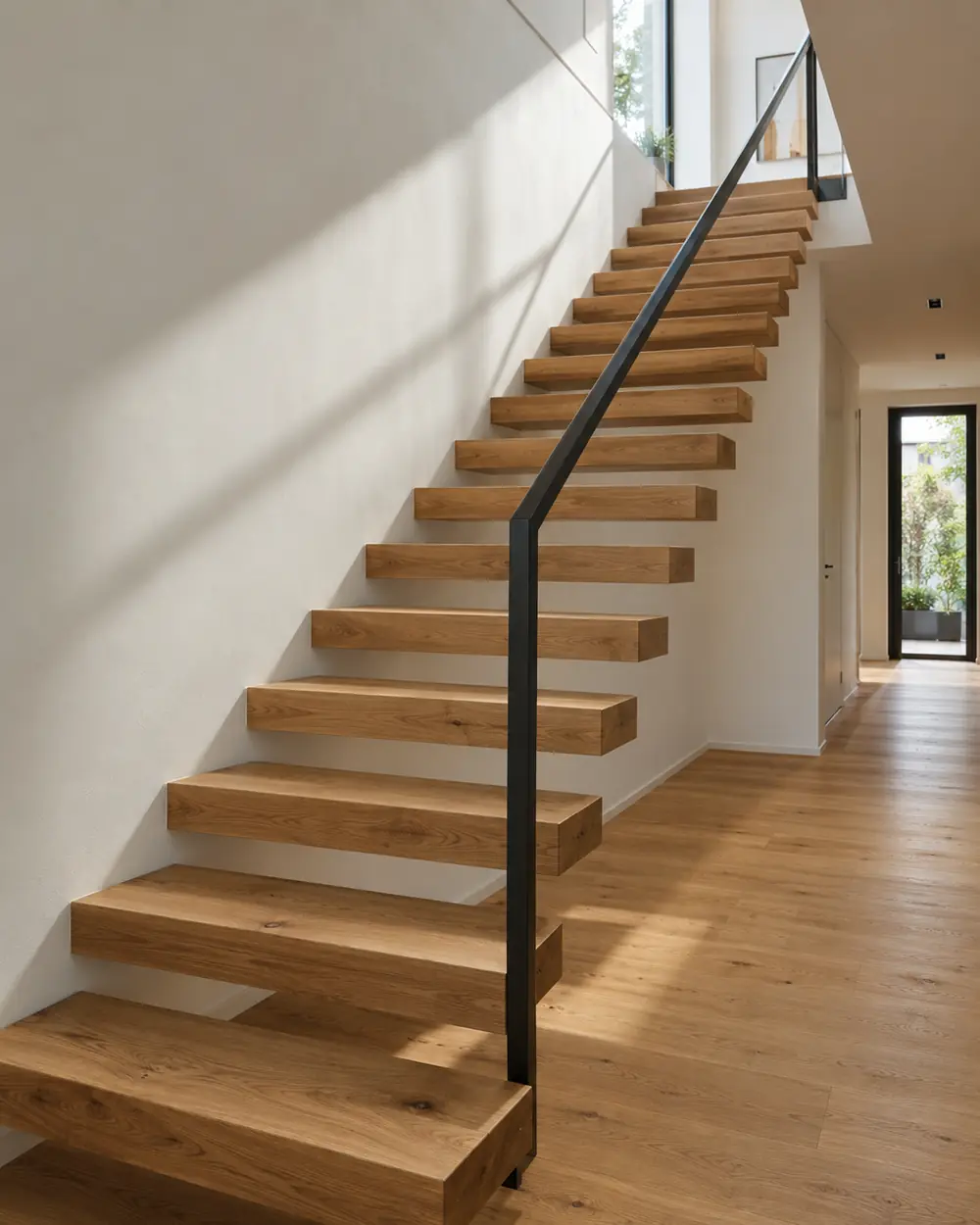 Kragarmtreppe aus massiver Eiche an einer weißen Wand mit schwarzem Stahlhandlauf