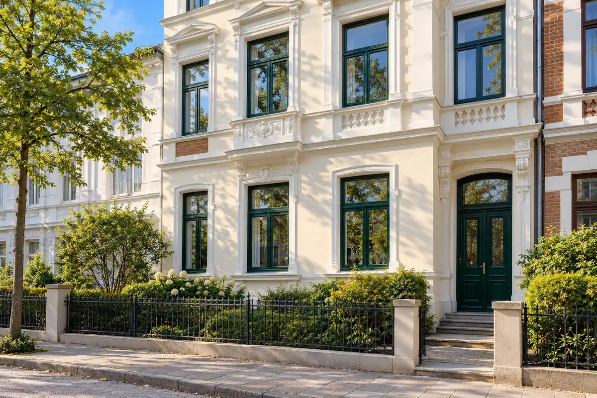 Frisch gestrichene Altbaufassade in hellem Creme mit weißem Stuck, Fenstern und Haustür in Flaschengrün