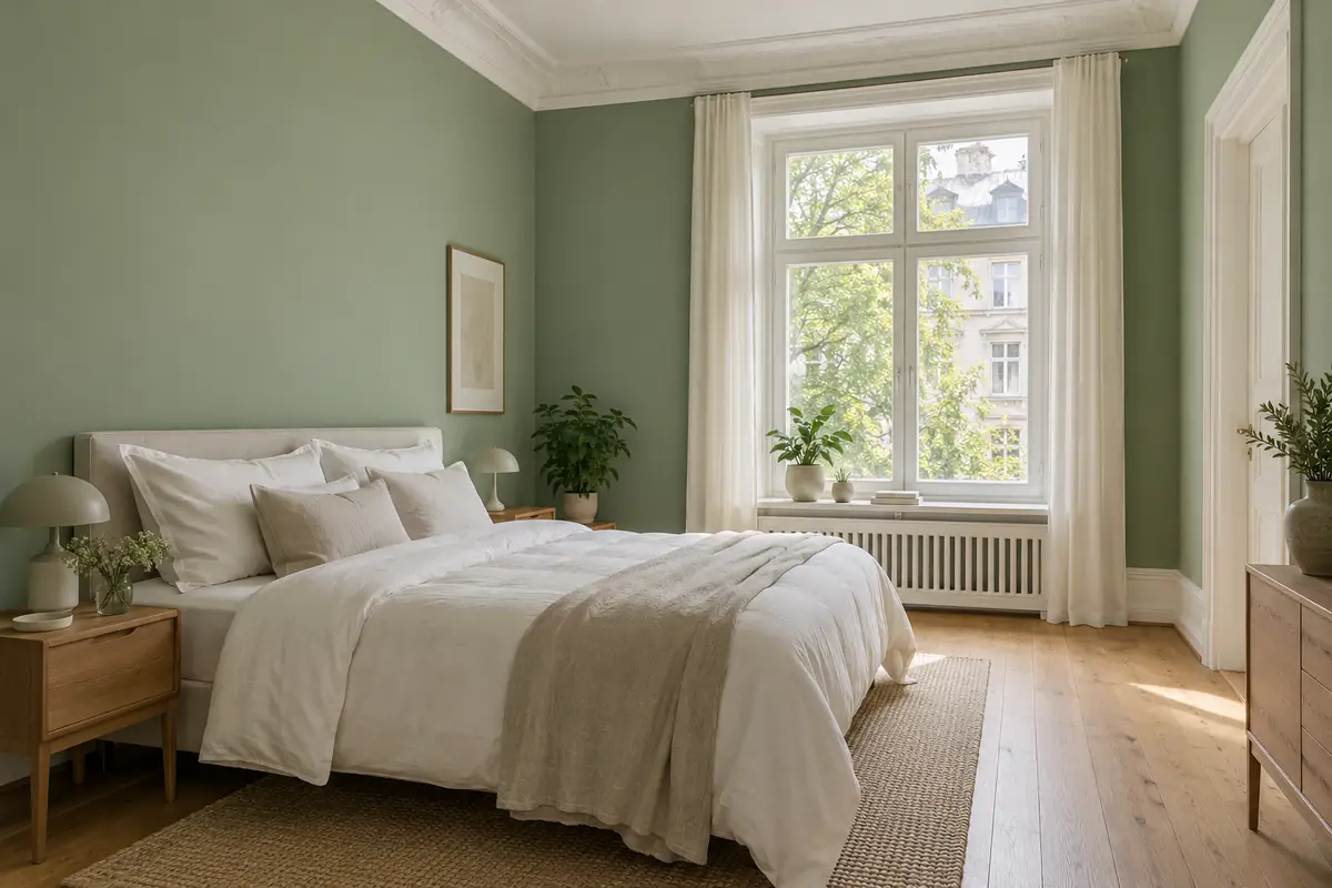 Schlafzimmer im Altbau mit Wänden in Salbeigrün und weißem Bett
