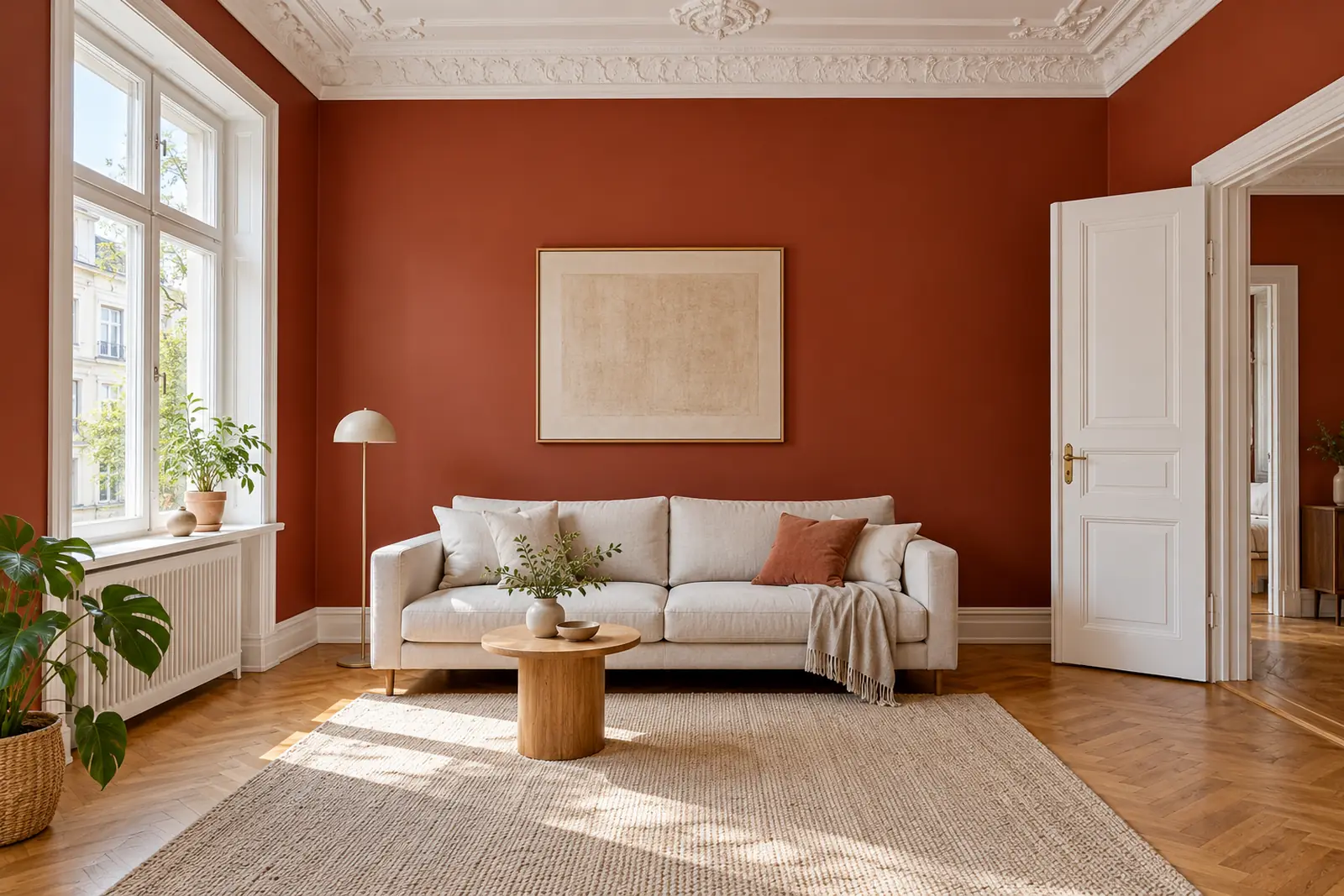 Altbau-Wohnzimmer mit frisch in Terrakotta gestrichenen Wänden, weißem Stuck, hohem Fenster, hellem Sofa und Eichenparkett