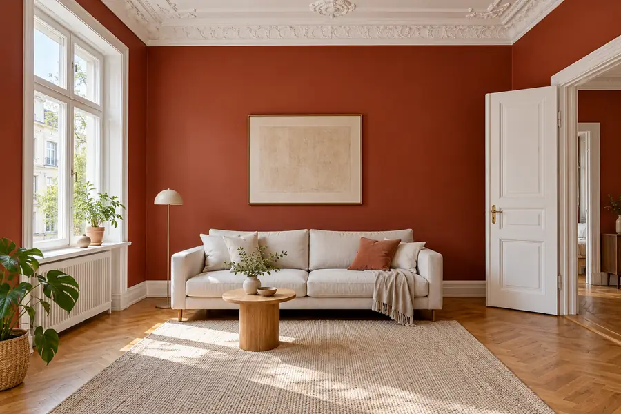 Wohnzimmer im Altbau mit Wänden in Terrakotta