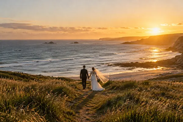 Brautpaar von hinten, Hand in Hand auf einem Dünenweg zum Meer im Abendlicht