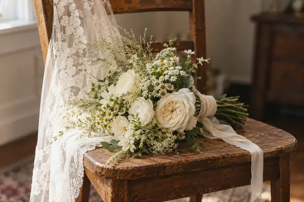 Brautstrauß aus weißen Rosen und Kamille auf einem alten Holzstuhl, daneben ein Spitzenschleier