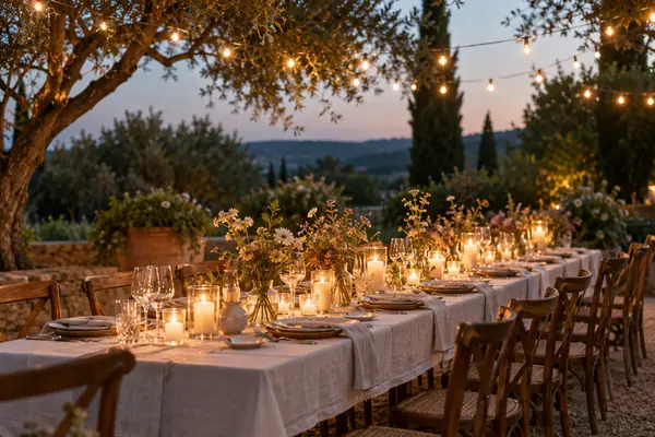 Lange gedeckte Hochzeitstafel im Garten unter Lichterketten zur blauen Stunde