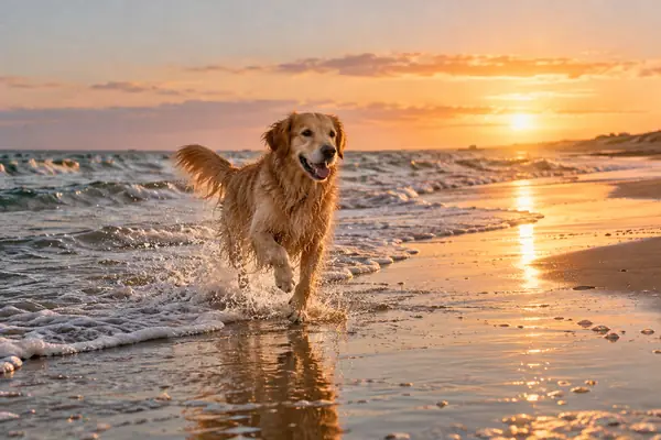 Golden Retriever rennt an der Wasserkante eines breiten Strandes in der tiefen Sonne