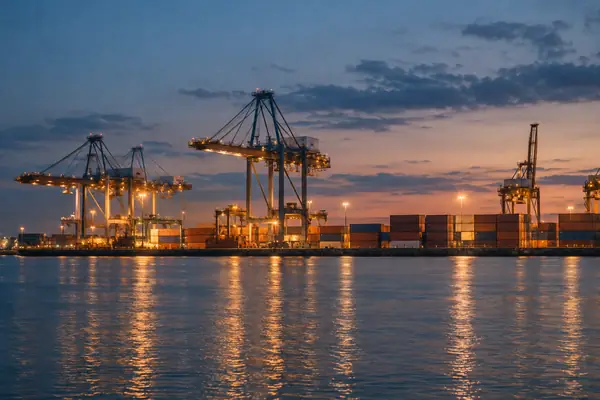 Hafenkräne und Container zur blauen Stunde, Lichter spiegeln sich im Wasser