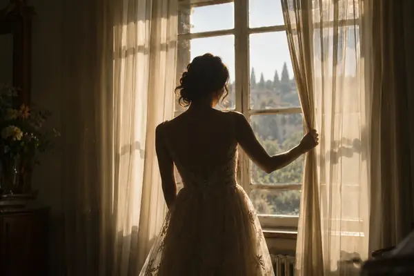 Silhouette einer Frau im Brautkleid im Gegenlicht an einem hohen Fenster mit Gardinen, Gesicht abgewandt