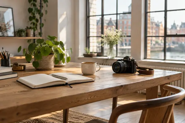 Schreibtisch aus Eiche in einem hellen Loft mit Notizbuch, Kaffeetasse, Kamera und Pflanze