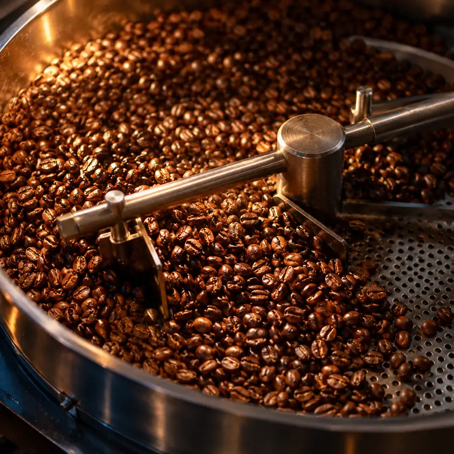Frisch geröstete Kaffeebohnen im Kühlsieb der Röstmaschine, ein Rührarm zieht durch die Bohnen