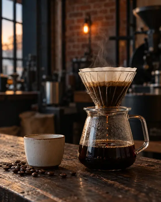 Handfilter aus Glas auf einer Karaffe, daneben eine Tasse und einige Kaffeebohnen