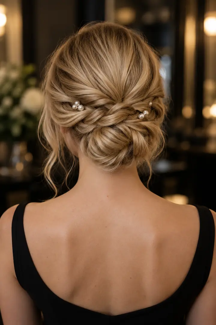Blonde Hochsteckfrisur mit geflochtenen Strähnen und kleinen Perlennadeln, von hinten, schwarzes Kleid