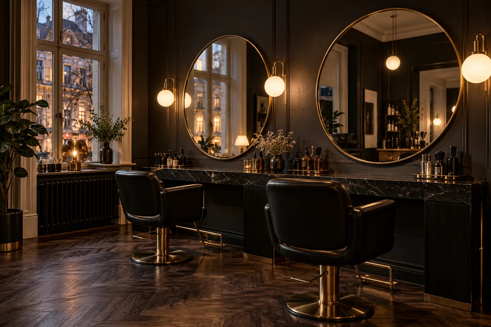 Salon am Abend: zwei schwarze Lederstühle vor runden Spiegeln mit Messingrahmen, Marmortheke, Kugelleuchten und Fischgrätparkett
