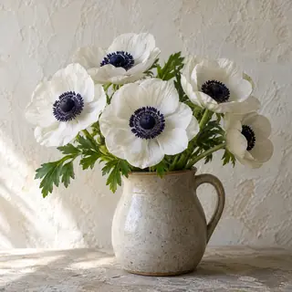 Weiße Anemonen mit dunkelblauer Mitte in einem kleinen Steinzeugkrug