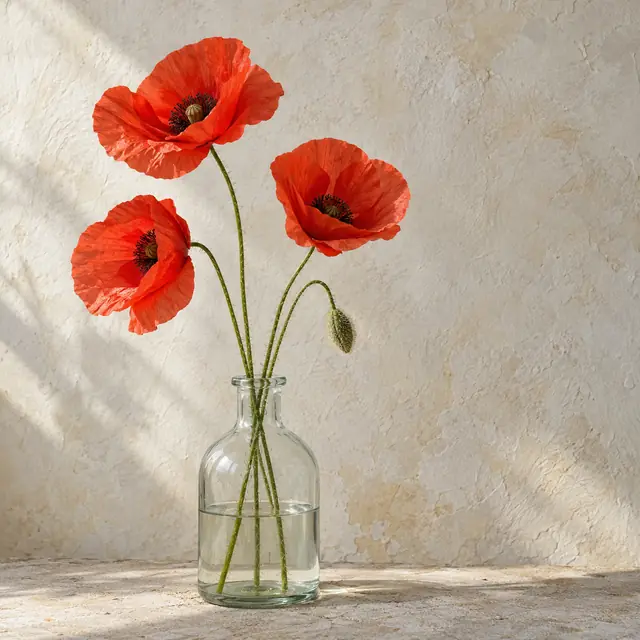 Drei rote Klatschmohnblüten und eine Knospe in einer kleinen Glasflasche vor einer Kalkwand