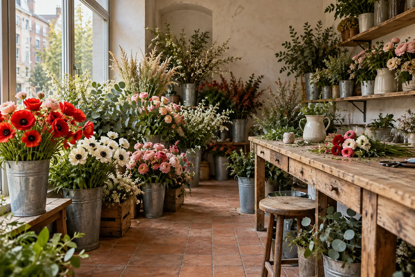 Blumenladen mit gekalkten Wänden, Zinkeimern voller Mohn, Anemonen und Ranunkeln, langer Holzwerkbank und großem Schaufenster