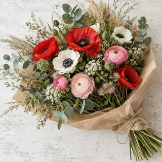 Handgebundener Strauß aus Mohn, Anemonen, Ranunkeln, Gräsern und Eukalyptus in braunem Packpapier mit Kordel