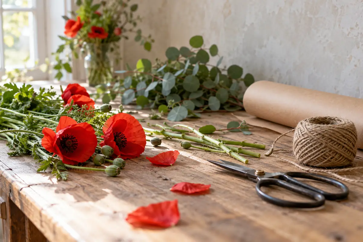 Hölzerne Werkbank mit roten Mohnblüten, frisch geschnittenen Stielen, Blumenschere, Kordelrolle und Packpapier