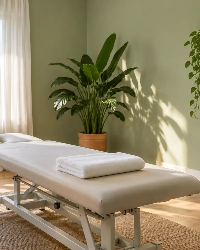 Heller Behandlungsraum mit Therapieliege, Handtüchern, großer Pflanze und Fenster ins Grüne
