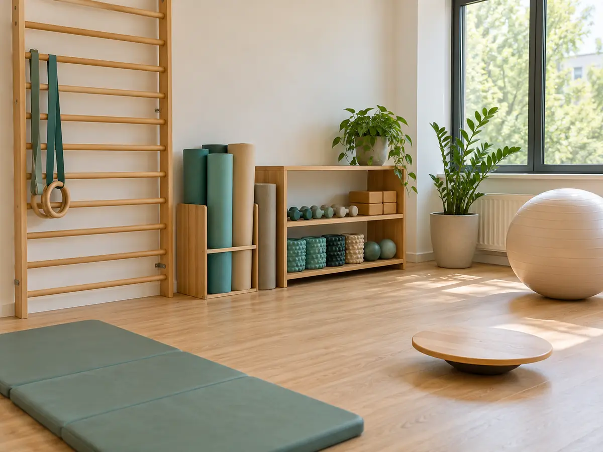 Trainingsraum mit Sprossenwand aus Holz, Matten, Gymnastikball und Balancebrett